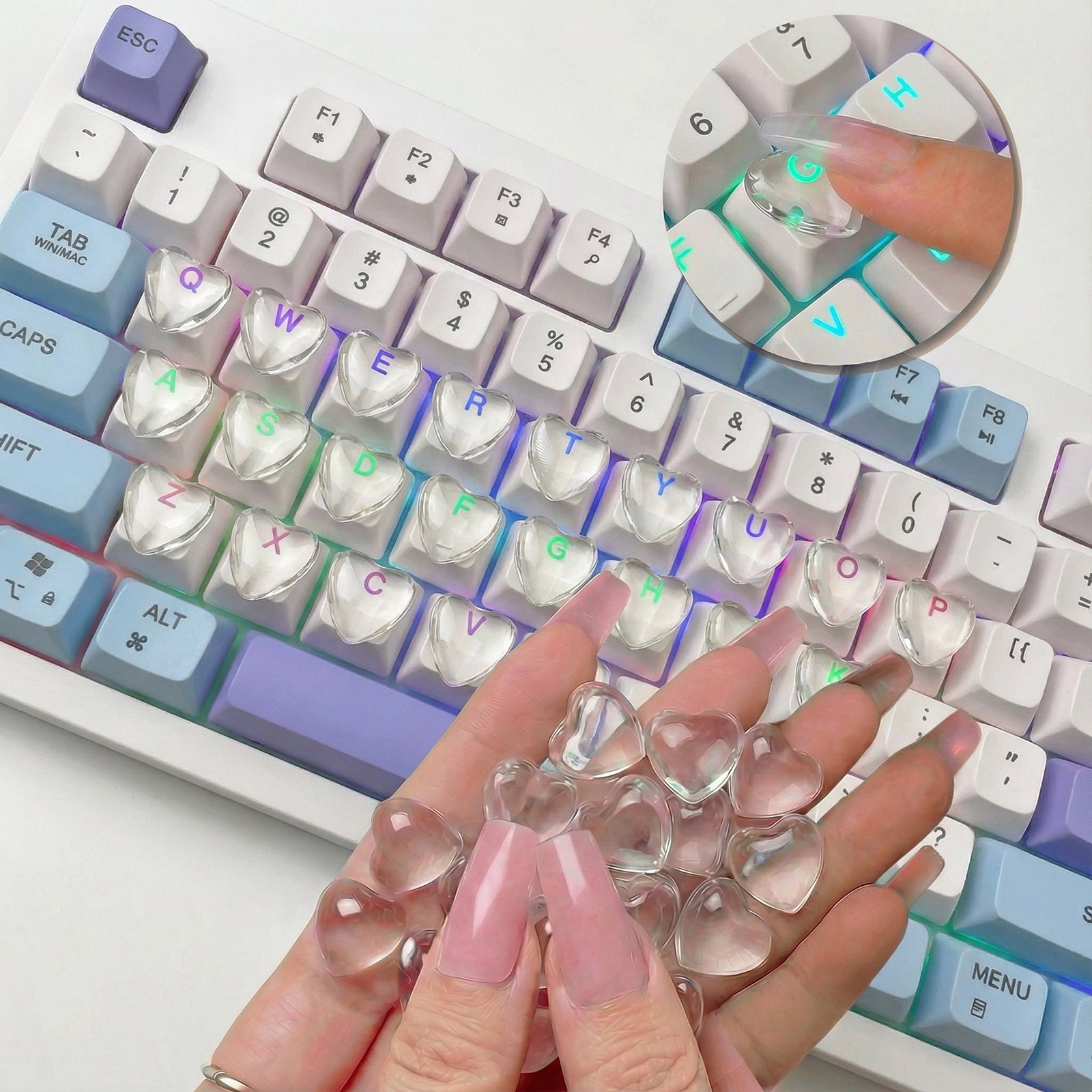Quafochi 110pcs Keyboard Stickers for Long Nails, Clear Raised Glass Heart Shaped Key Covers, No-Residue, Easy to Apply, Reusable, Universal Fit for Laptop, PC, MacBook, Desktop & Calculator