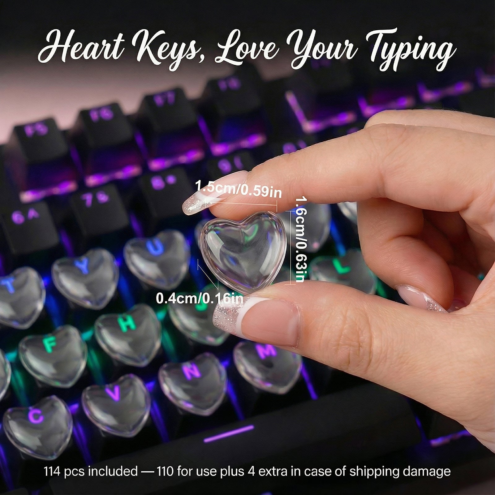 Quafochi 110pcs Keyboard Stickers for Long Nails, Clear Raised Glass Heart Shaped Key Covers, No-Residue, Easy to Apply, Reusable, Universal Fit for Laptop, PC, MacBook, Desktop & Calculator